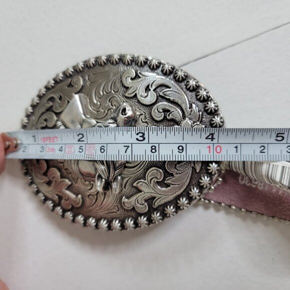 Nocona Girls Pink Leather Cowgirl Belt Sz 22 Horse Foal Silver Oval Belt Western - Picture 10 of 12